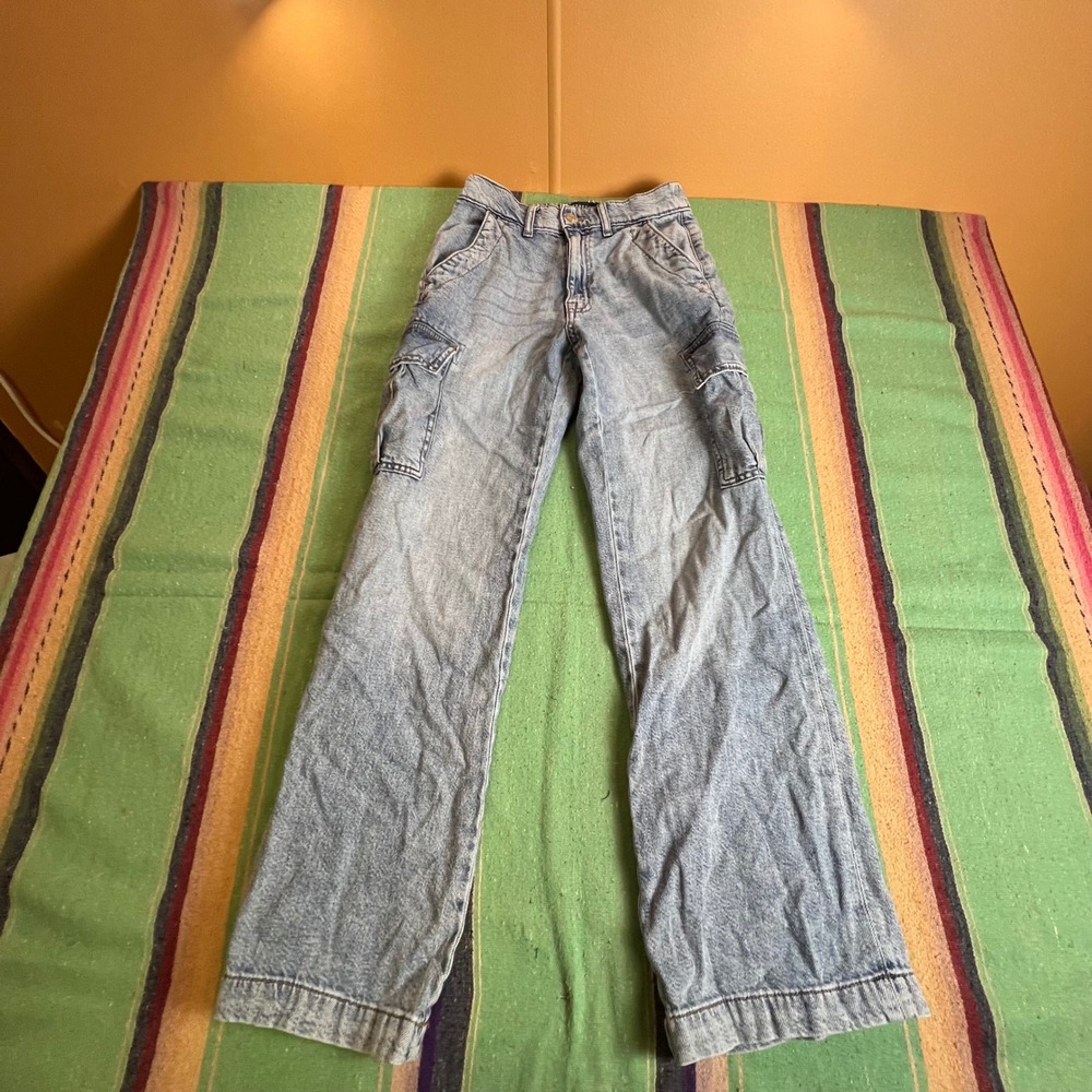 Aeropostale Cargo Jeans Women XS Short Blue High Rise Wide Leg Utility Denim